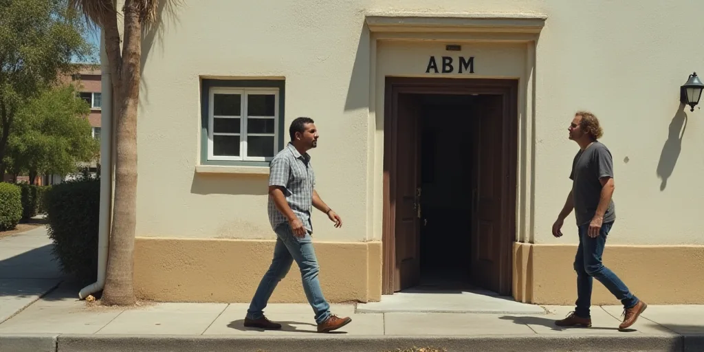 two men walking past a building with a door and a sign on it that says abm on the side of the buildi