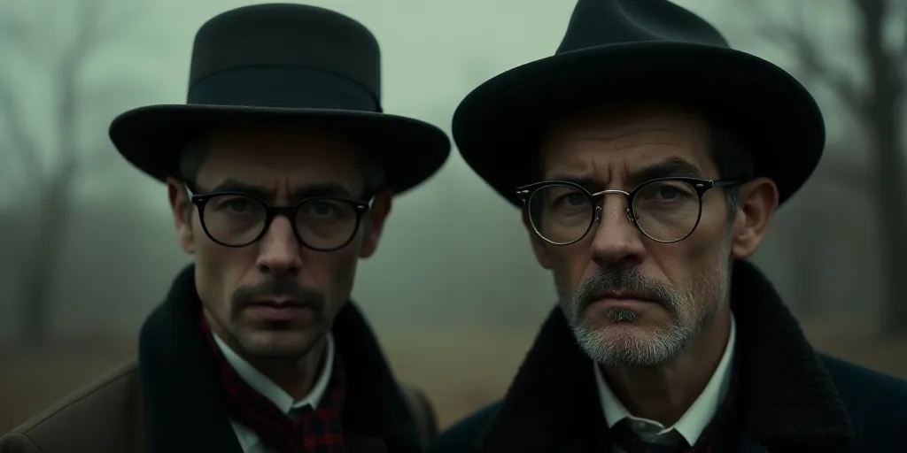 two men wearing hats and glasses one is looking at the camera and the other is looking at the camera
