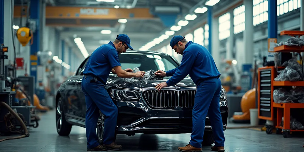 two men working on a car in a factory with a crane in the background and a car being worked on, Ai-M
