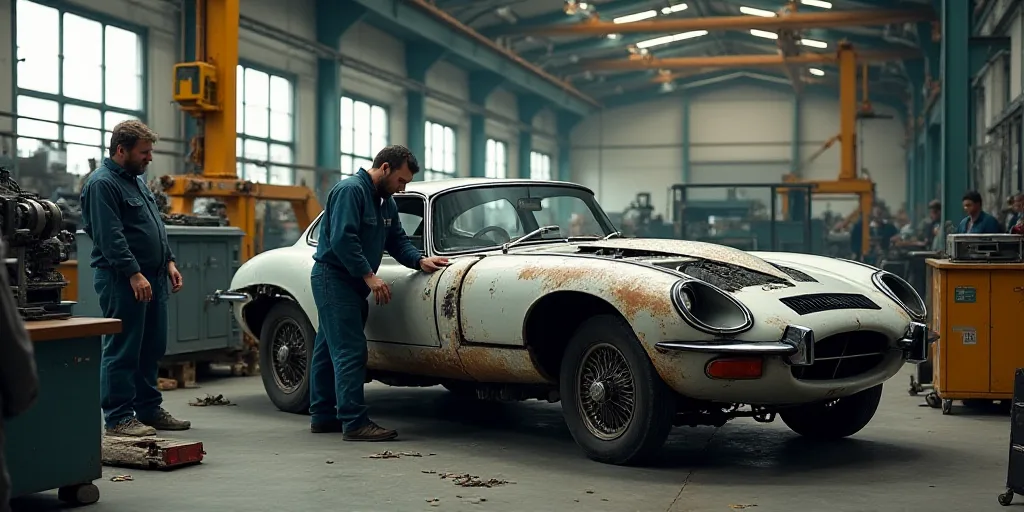 two men working on a car in a factory with a crane in the background and a car being worked on, Engu