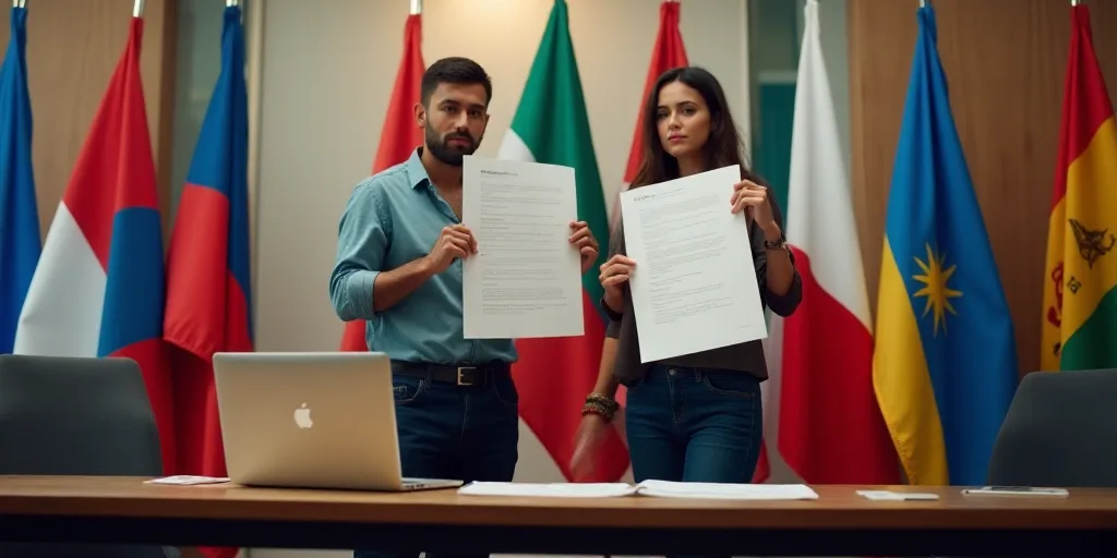 two people holding up papers in front of flags and a table with flags on it and a table with a lapto