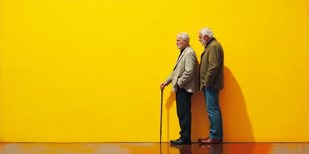two people standing in front of a yellow background with orange and yellow colors on it, one of them