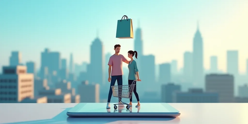 two people standing on a tablet with a shopping basket above them and a shopping bag above them, wit