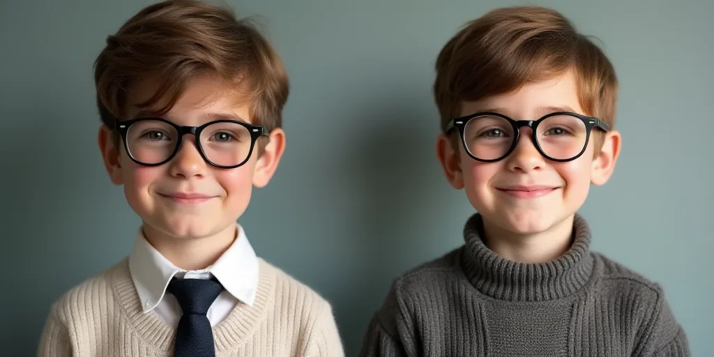 two pictures of a boy with glasses and a boy with glasses and a sweater and tie and a smiling boy wi