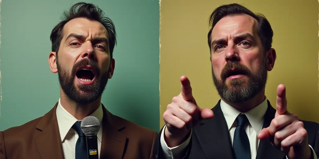 two pictures of a man with a microphone and a man with a beard pointing at the camera and the same p