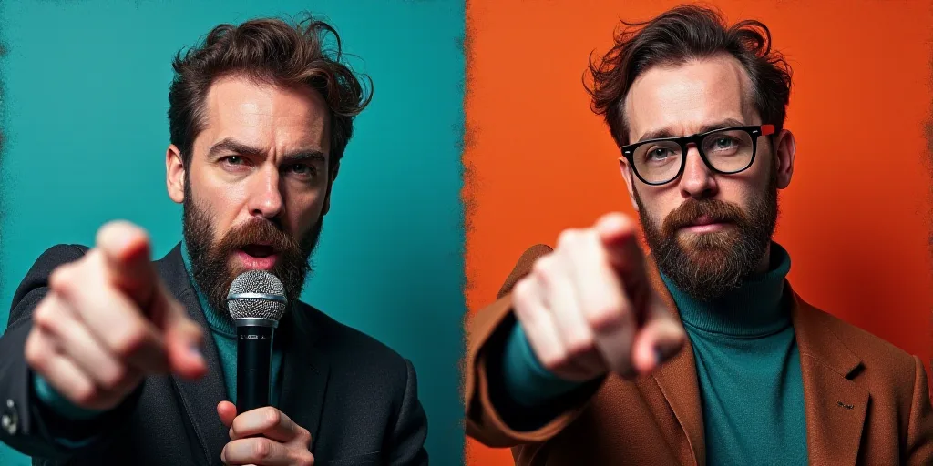 two pictures of a man with a microphone and a man with a beard pointing at the camera and the same p