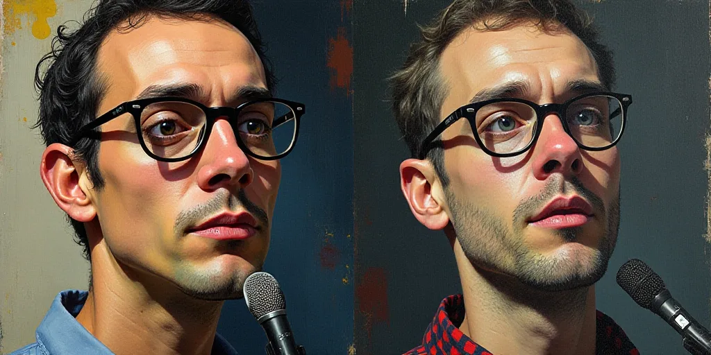 two pictures of a man with glasses and a man with a microphone in front of him and a picture of a ma