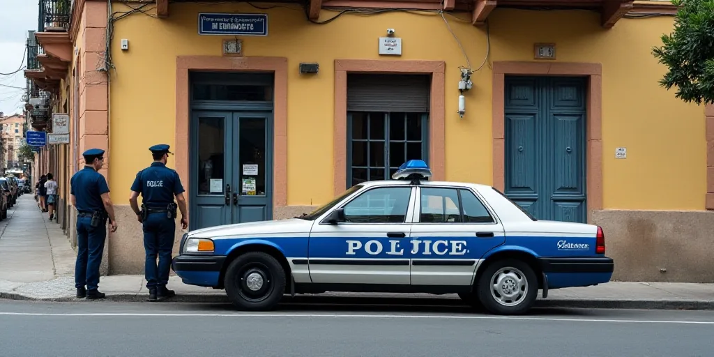 two police officers standing next to a police car on a street corner in front of a building with a s