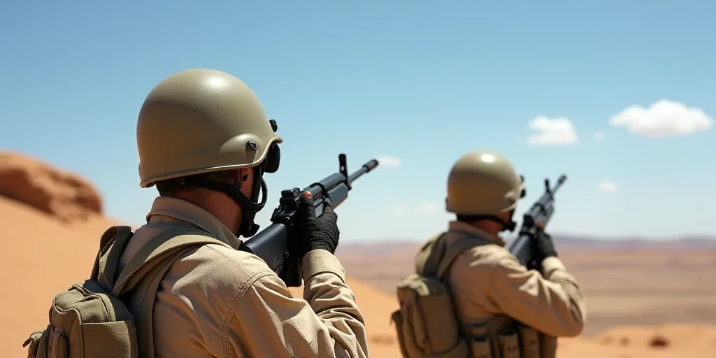 two soldiers with guns and a camera in their hands, looking out over a desert landscape, with a blue