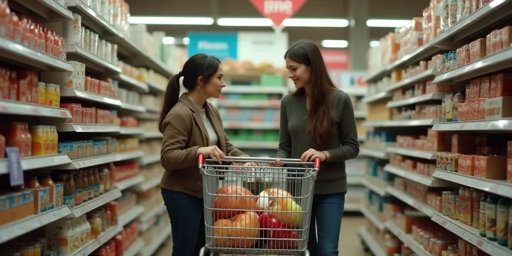two women are shopping in a grocery store with a cart full of items in the background and signs in t