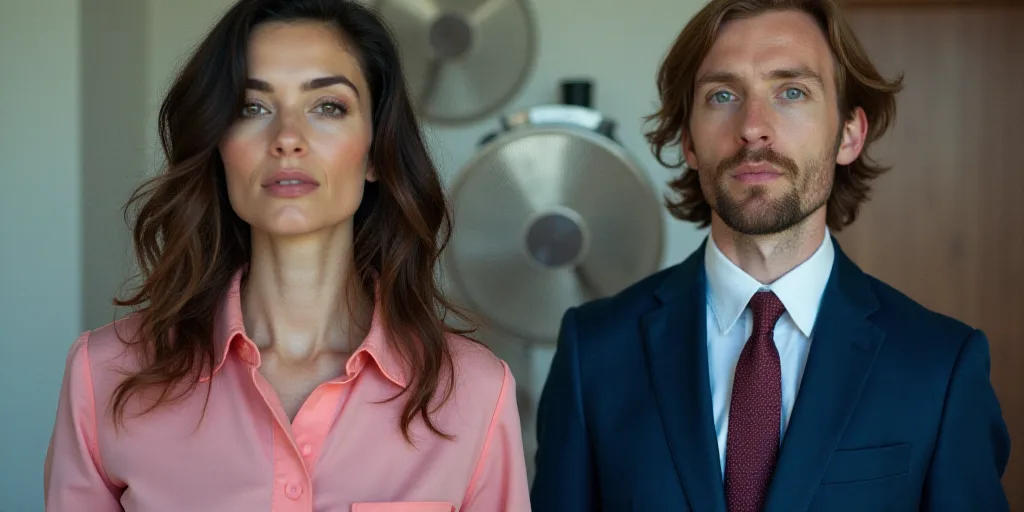 two women are standing in front of a fan and a picture of a woman in a pink shirt and a man in a blu