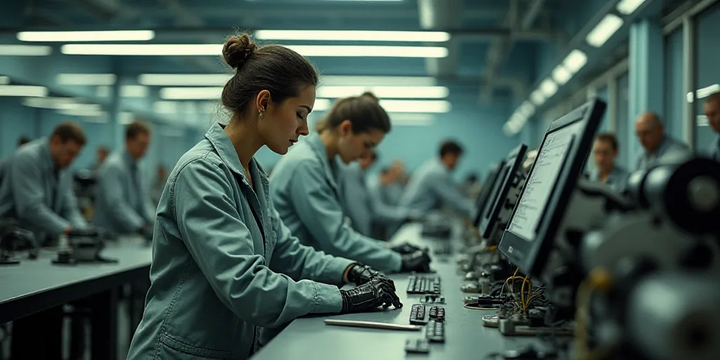 two women working on a machine in a factory with other people watching them from the sidelines of th