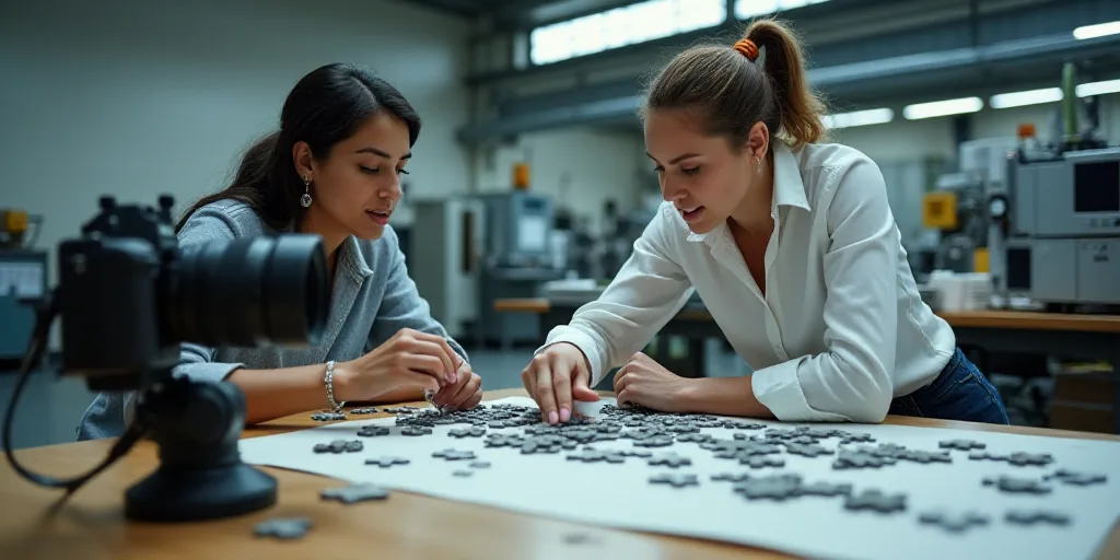 two women working on a project in a factory with equipment in the background and a camera in the for
