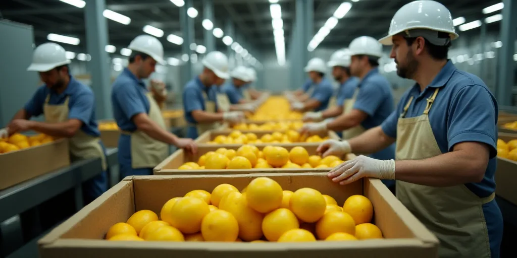 workers are sorting boxes of fruit in a factory with conveyor belts and conveyor belts in the backgr