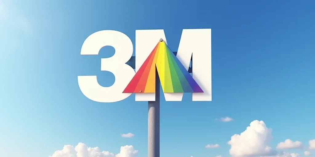 a 3m sign is shown against a blue sky with clouds in the background and a rainbow - colored triangle