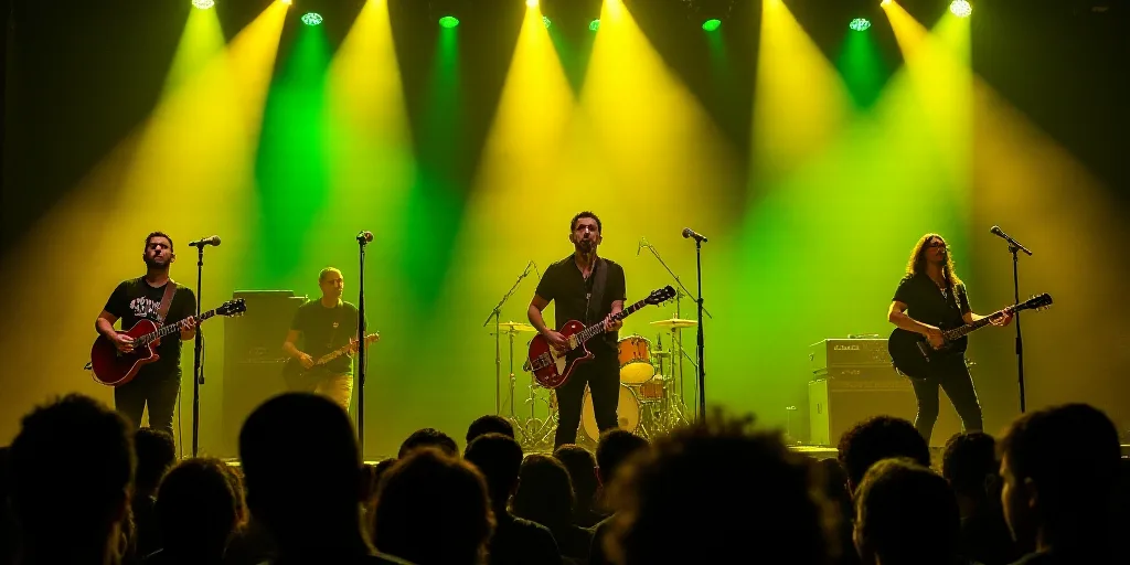 a band performing on stage with yellow lights on the stage and green and yellow lights on the stage