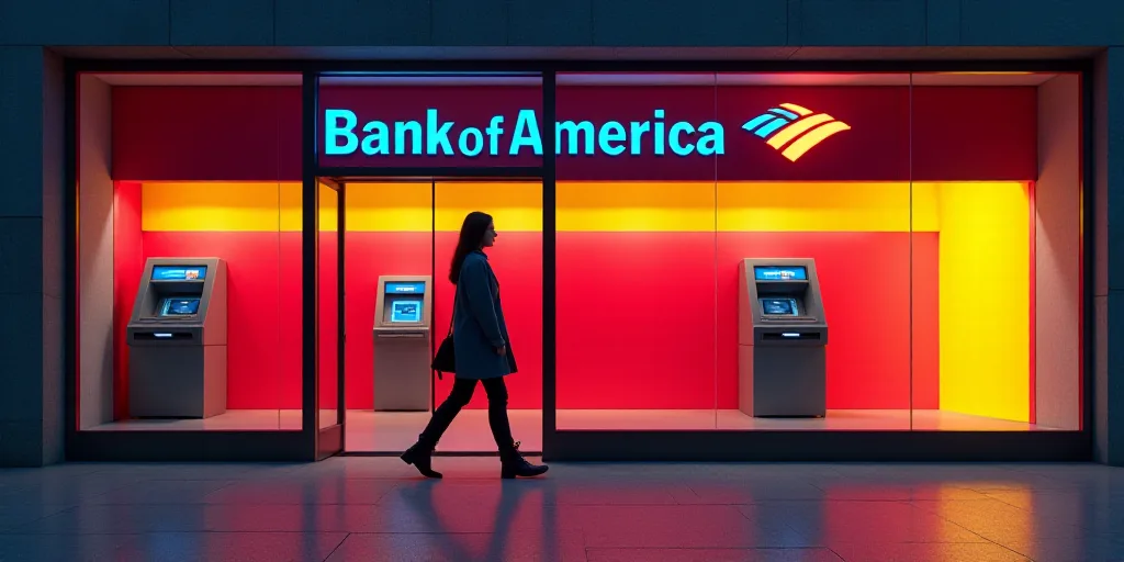 a bank of america store front with a woman walking by it and a red and yellow background with a red