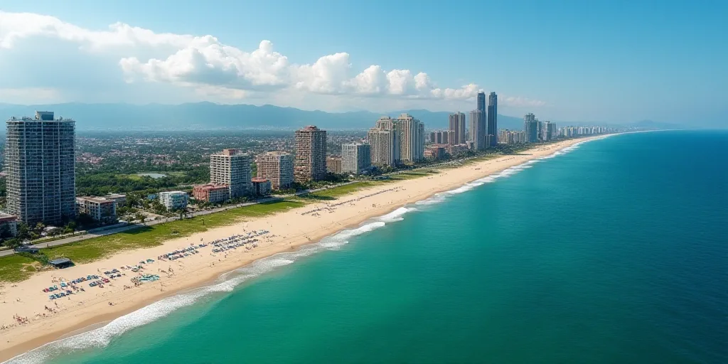 a beach with a bunch of buildings next to it and a body of water in the background with a few clouds