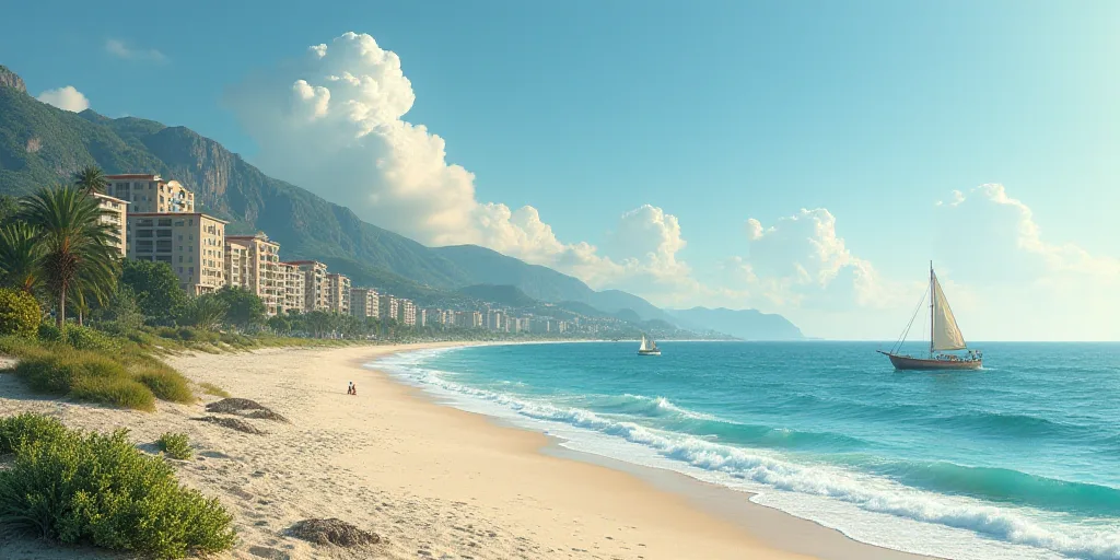 a beach with a bunch of buildings next to it and a body of water in the background with a few boats