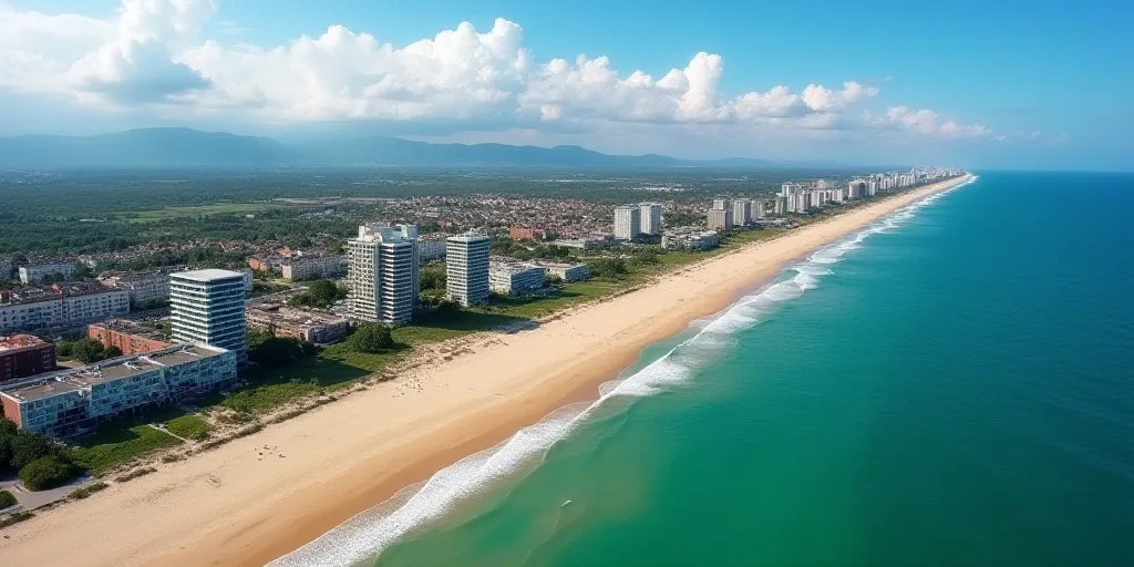 a beach with a bunch of buildings next to it and a body of water in the background with a few clouds