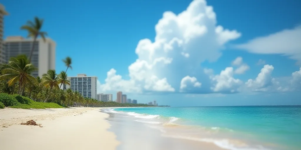 a beach with a few palm trees and a blue sky with clouds in the background and a few buildings on th