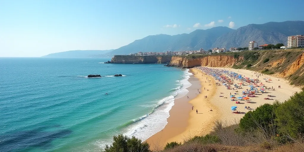 a beach with a lot of people on it and some water and sand and some umbrellas and people in the wate