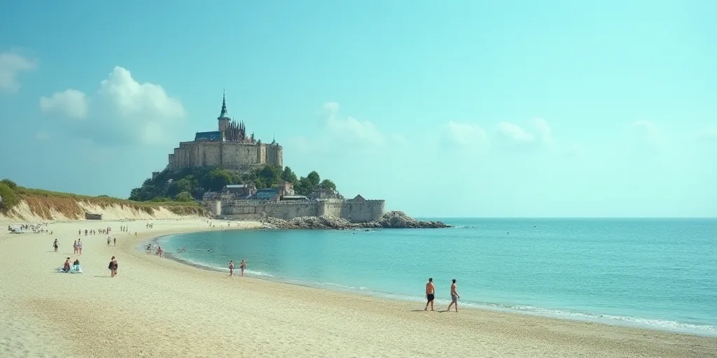 a beach with people walking around and a castle in the background with a blue sky and water in the f
