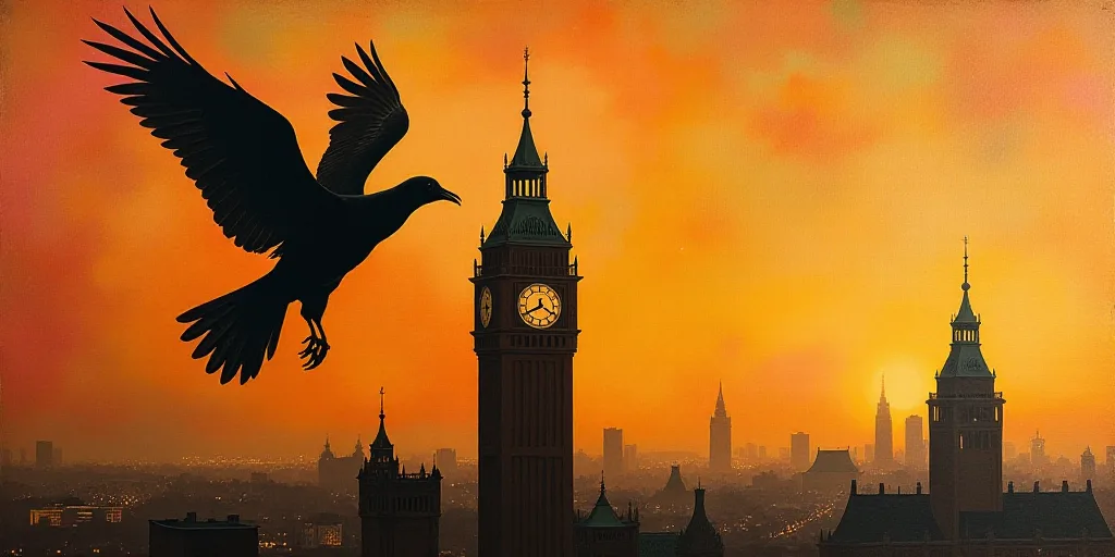 a bird flying over a tall building with a clock tower in the background at sunset or dawn with a bir