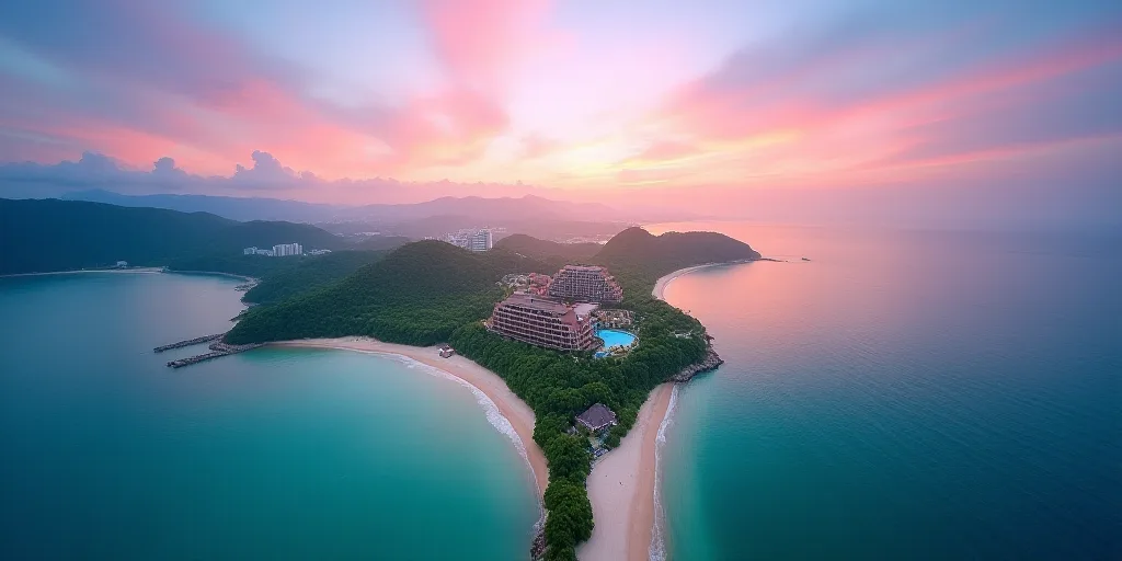 a bird's eye view of a beach resort and resort in the ocean with a colorful sky in the background, C