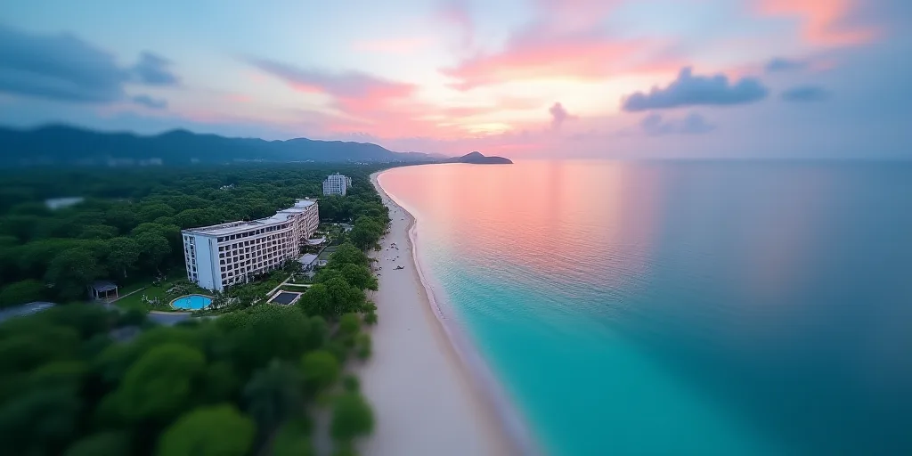 a bird's eye view of a beach resort and resort in the ocean with a colorful sky in the background, C