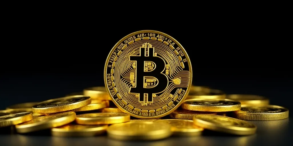 a bitcoin is sitting on top of a pile of gold coins in front of a black background, Andries Stock, g