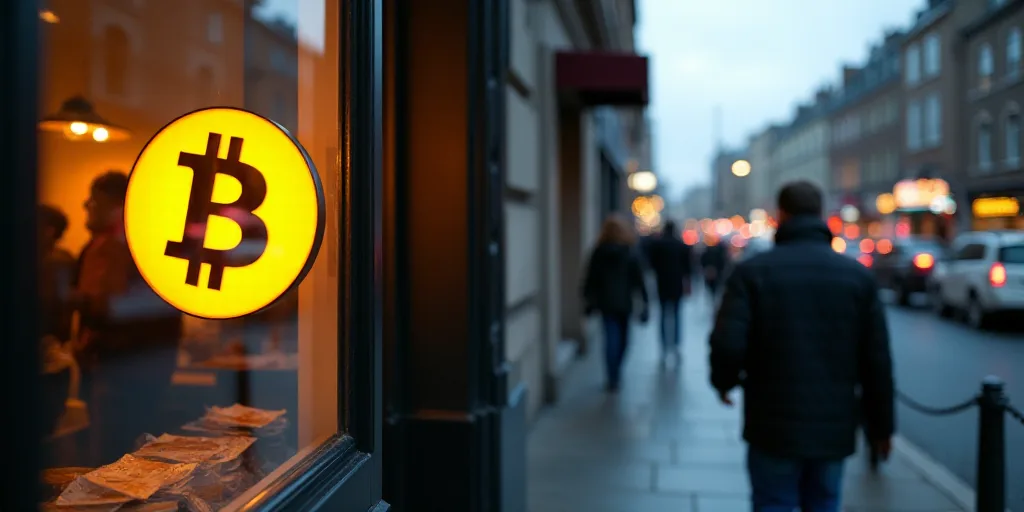 a bitcoin sign is displayed on a store window in a city street with people walking by and a person w