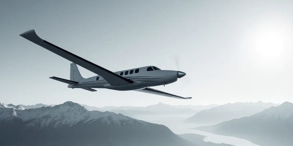 a black and white photo of a small plane flying in the sky with mountains in the background and a bl