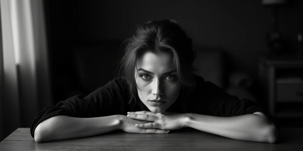 a black and white photo of a woman leaning on a table with her hands on her chest and looking at the
