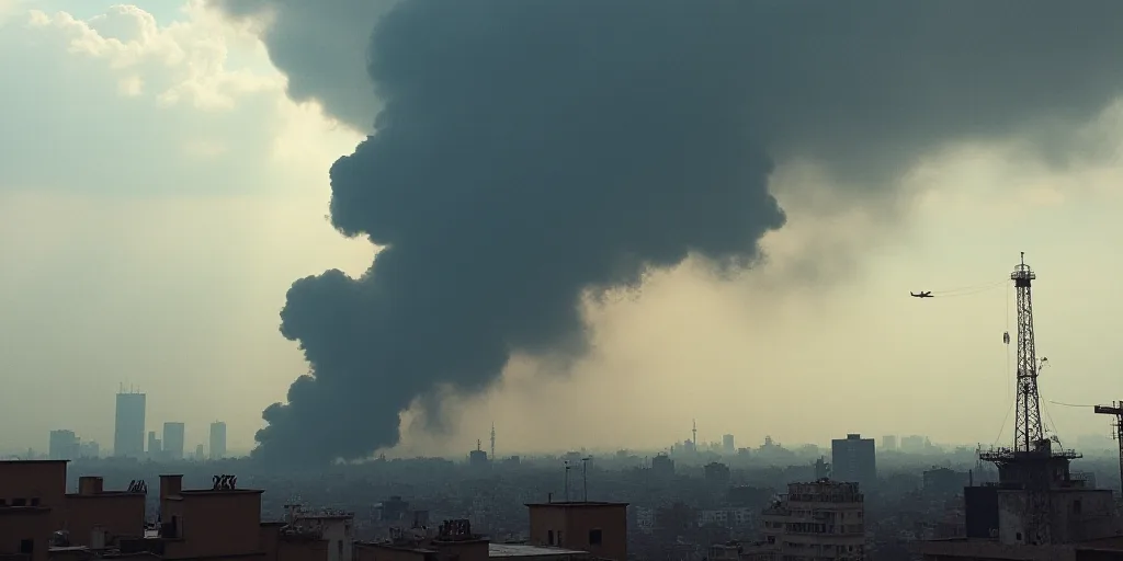 a black cloud of smoke rises above a city in the distance, with a plane in the foreground, Bouchta E