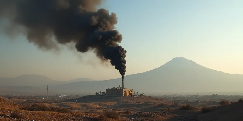 a black smoke billows from a building in the distance with a mountain in the background in the dista