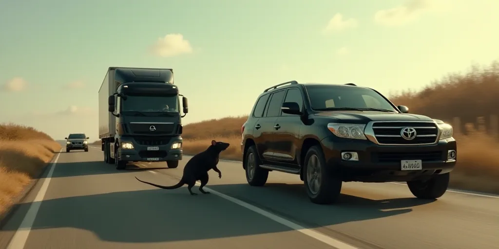 a black suv is being towed by a rat on the road with a car in the background and a truck in the fore