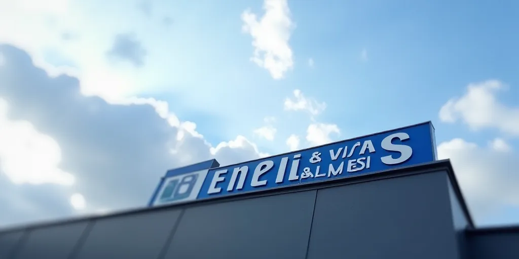 a blue and white sign on top of a building under a cloudy sky with clouds in the background and a bl
