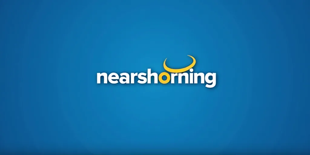 a blue background with the words,'nearshorning'and a yellow and white logo on it, Edward Otho Cresap