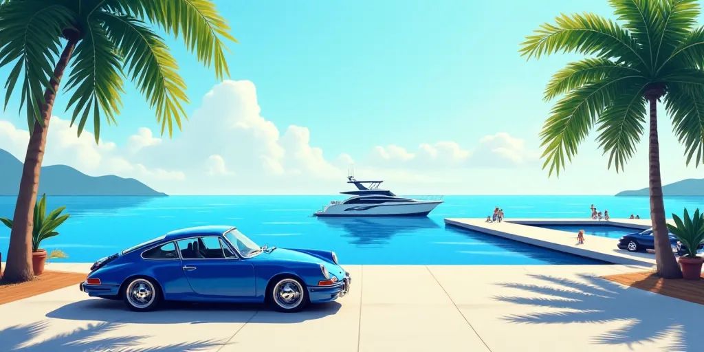 a blue car parked in front of a boat dock with palm trees in the background and a boat in the water,