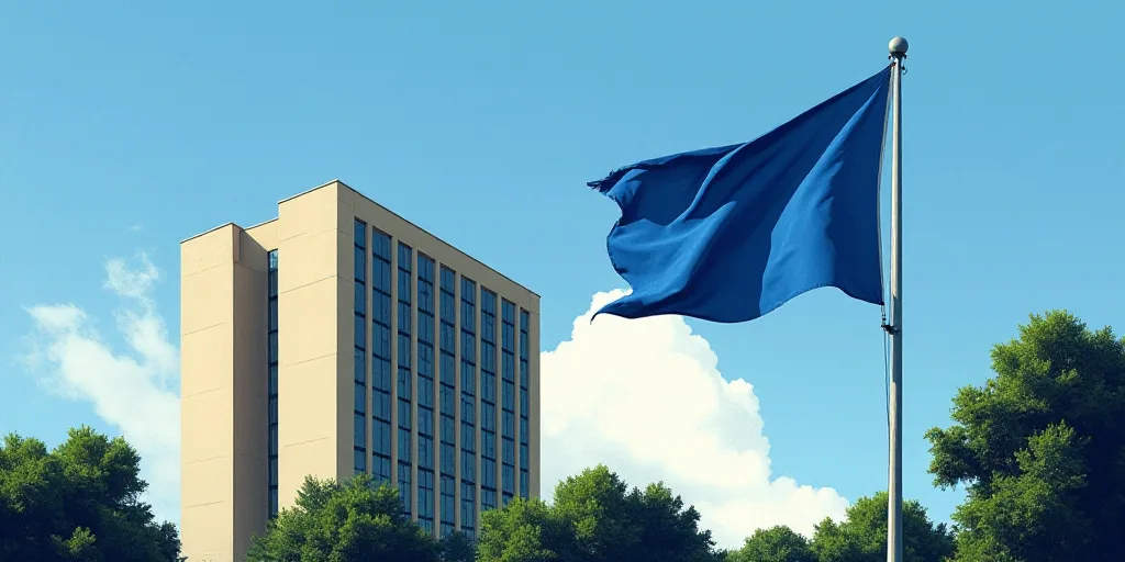 a blue flag flying in the wind next to a tall building with a sky background and trees in the foregr