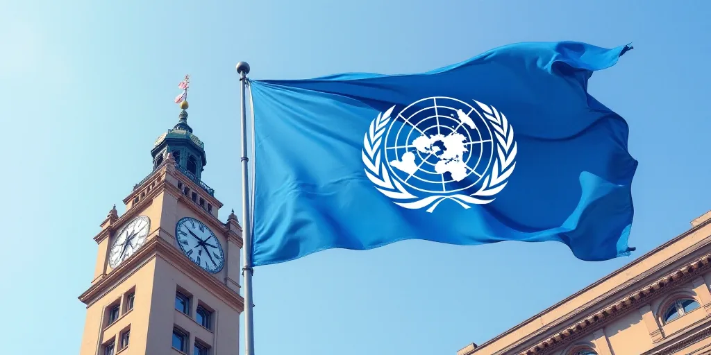 a blue flag with the united nations emblem on it flying in front of a tall building with a clock tow