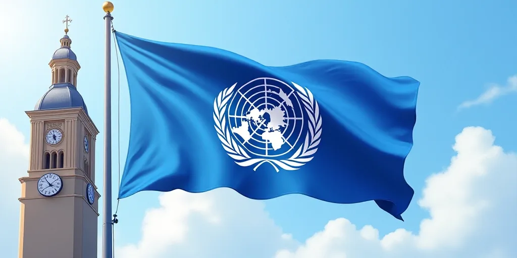 a blue flag with the united nations emblem on it flying in front of a tall building with a clock tow