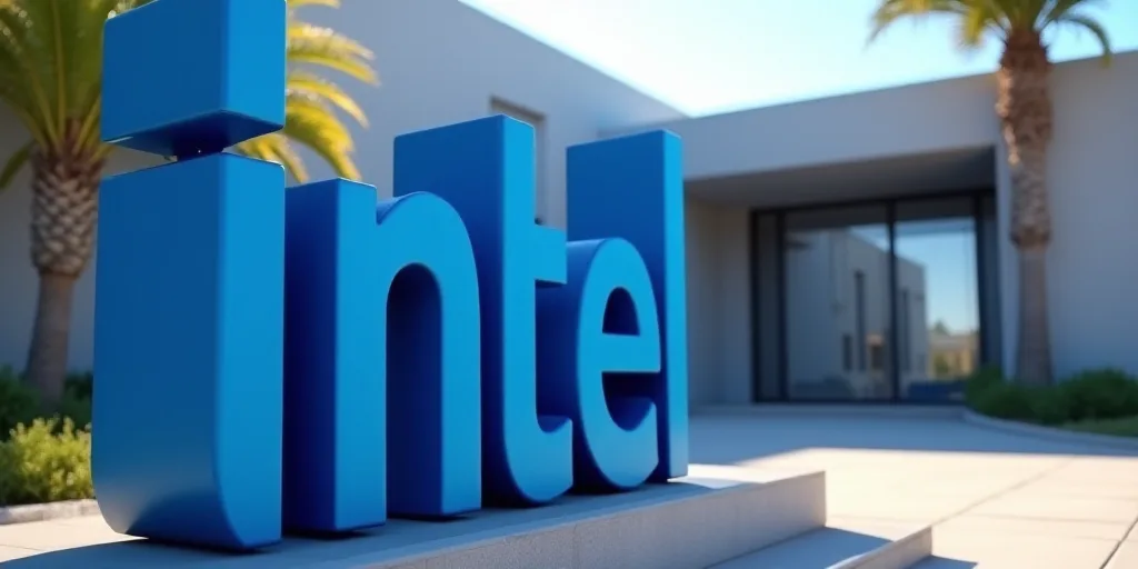 a blue sign that says intel in front of a building with a glass door and a palm tree in the backgrou