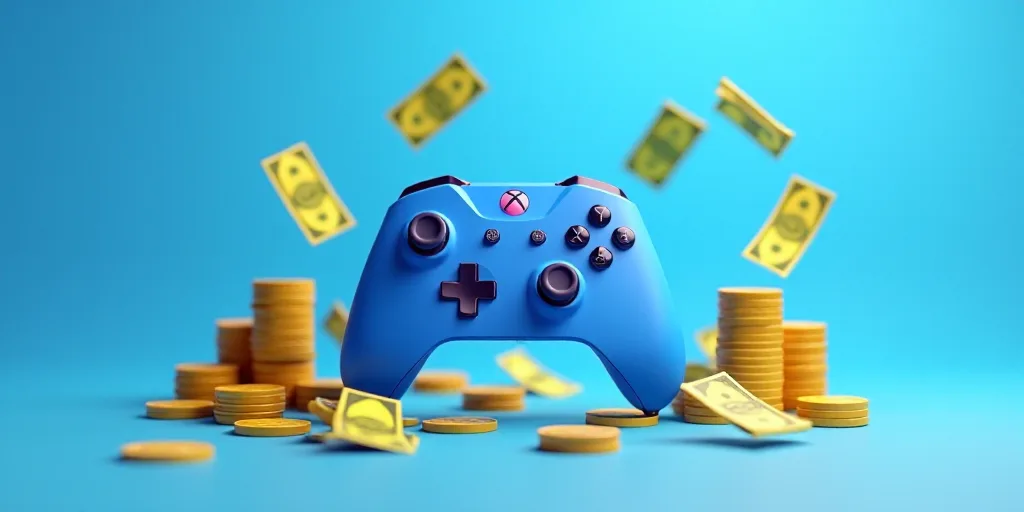 a blue video game controller surrounded by money bills and stacks of coins on a blue background with