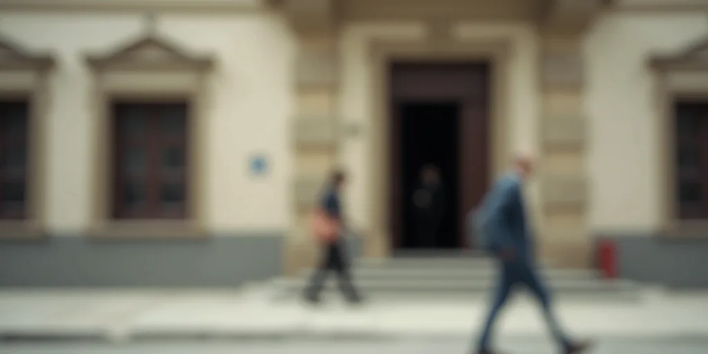 a blurry photo of a building with a person walking in front of it and a person walking out the front