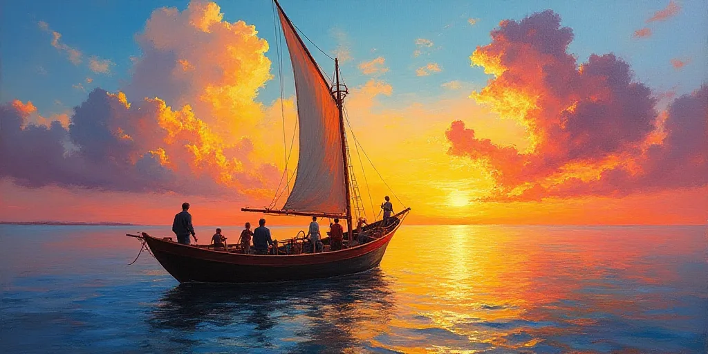 a boat is in the water at sunset with a sky background and clouds in the sky above it, and a couple