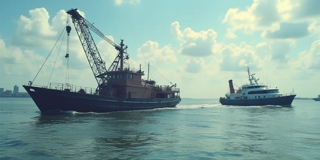 a boat is in the water with a crane on it's back end and a boat in the water with a boat in the back