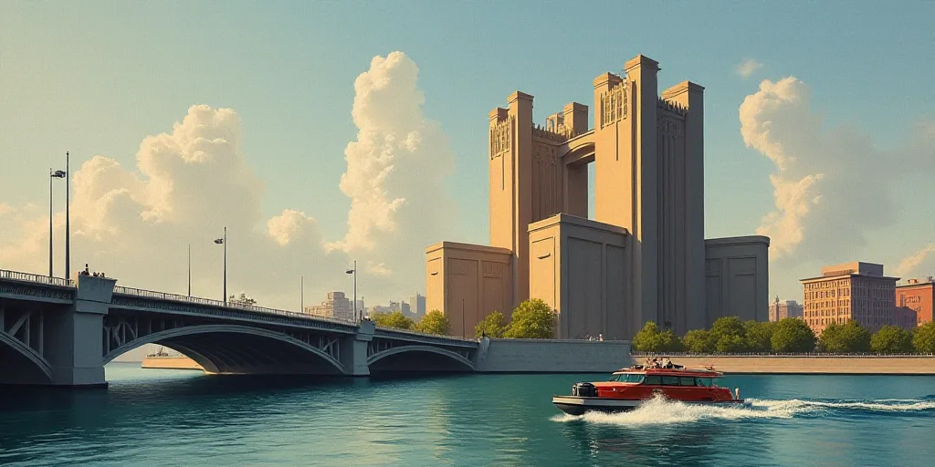 a boat is traveling down the river past a large building with towers on it's sides and a bridge in t