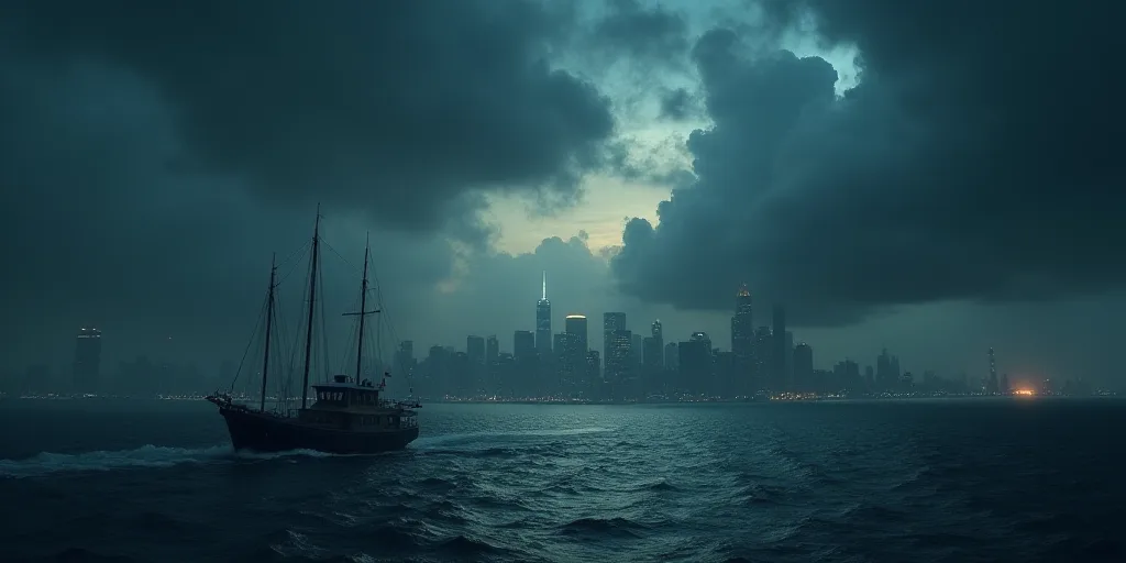 a boat traveling on a body of water near a city skyline at night time with a cloudy sky above, Franc